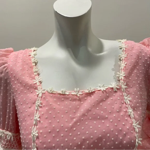 VINTAGE J.C. Penney Pink & White Swiss Dot Princess Floral 1976 Maxi Dress - Picture 5 of 11